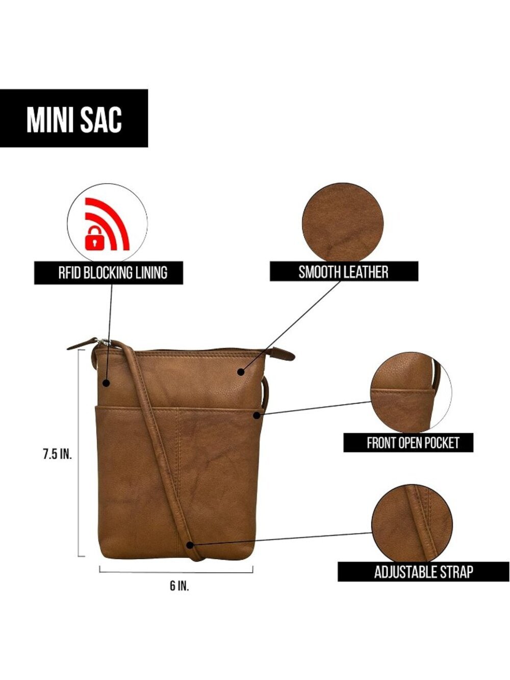 Women's Brown Leather Front Open Pocket Back Zip Adjustable Strap Crossbody Bags